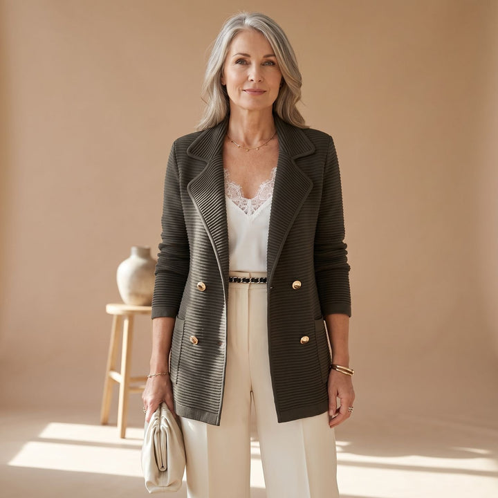 Women's Double-Breasted Notched-Lapel Ribbed Knit Blazer - Black