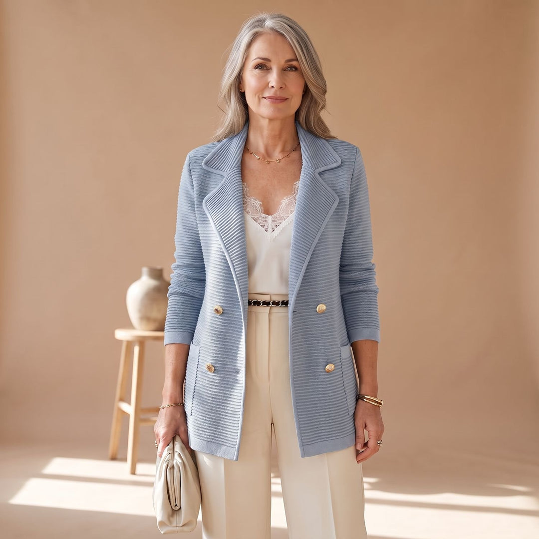 Women's Double-Breasted Notched-Lapel Ribbed Knit Blazer - Blue