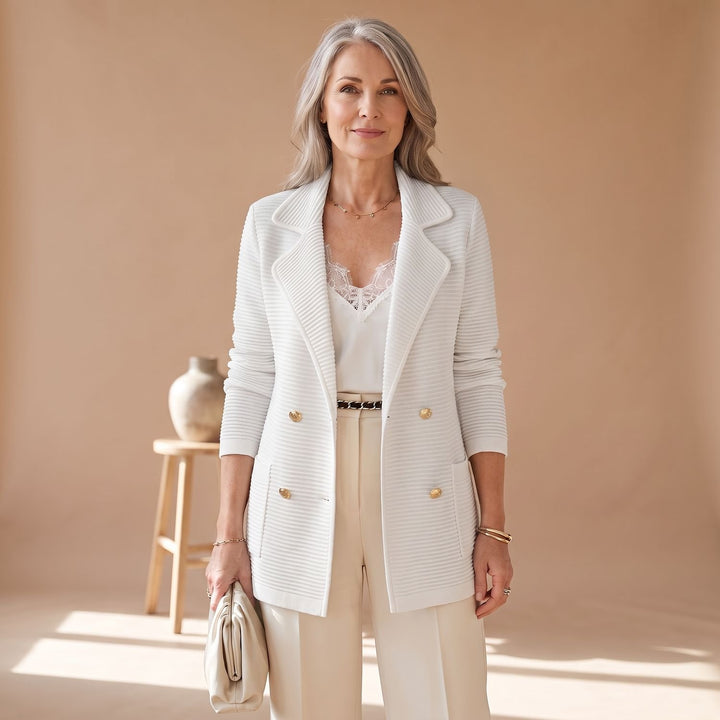 Women's Double-Breasted Notched-Lapel Ribbed Knit Blazer - White