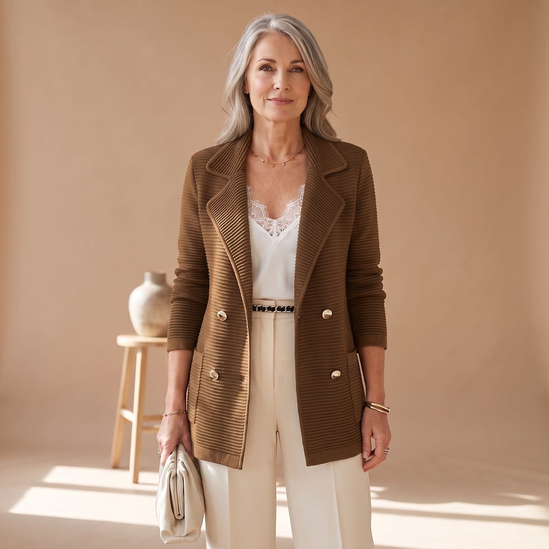 Women's Double-Breasted Notched-Lapel Ribbed Knit Blazer - Brown
