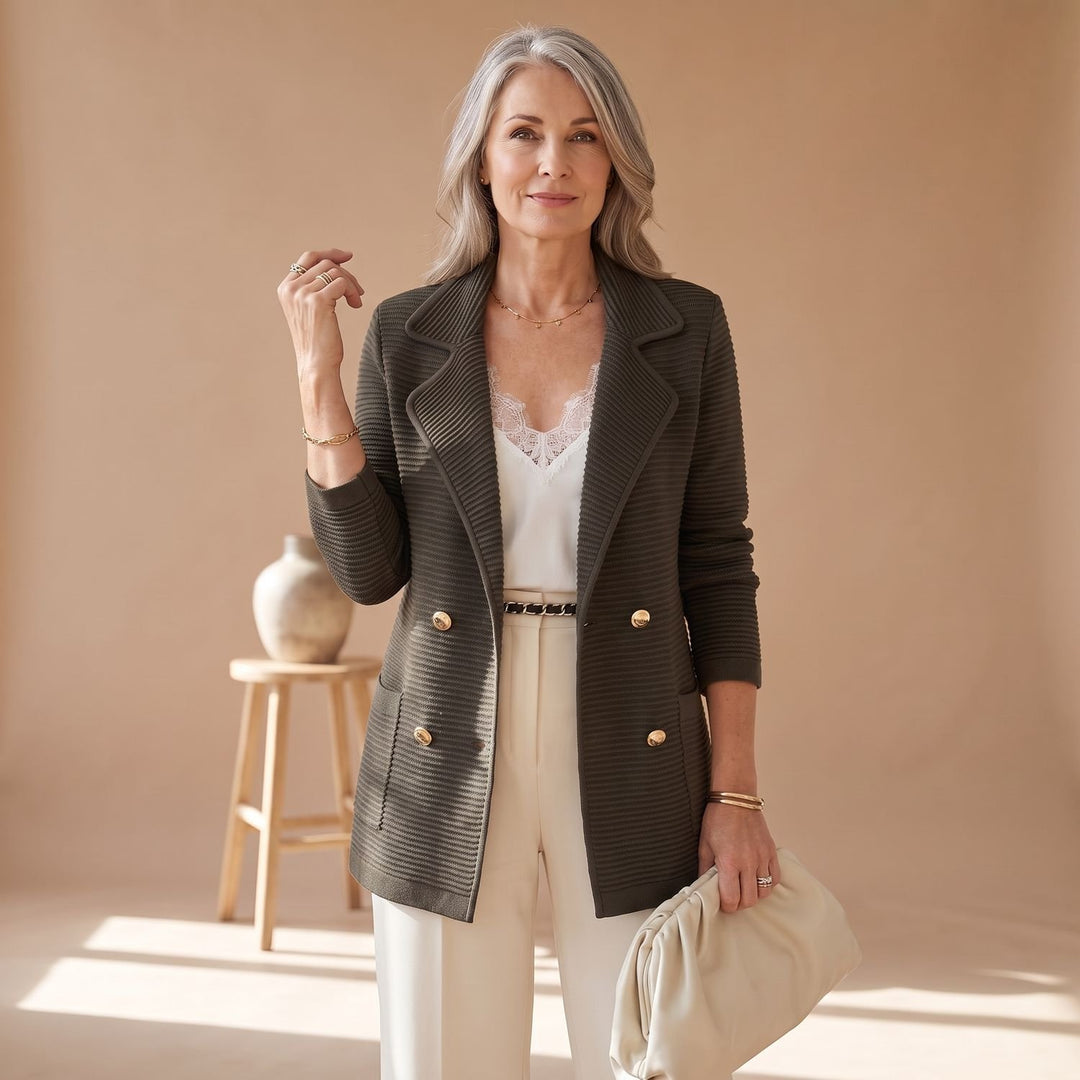 Women's Double-Breasted Notched-Lapel Ribbed Knit Blazer