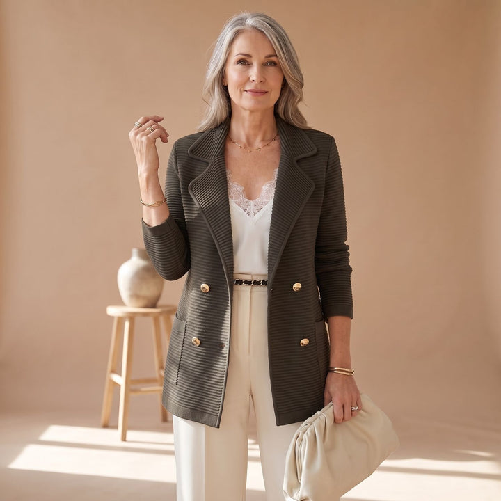 Women's Double-Breasted Notched-Lapel Ribbed Knit Blazer