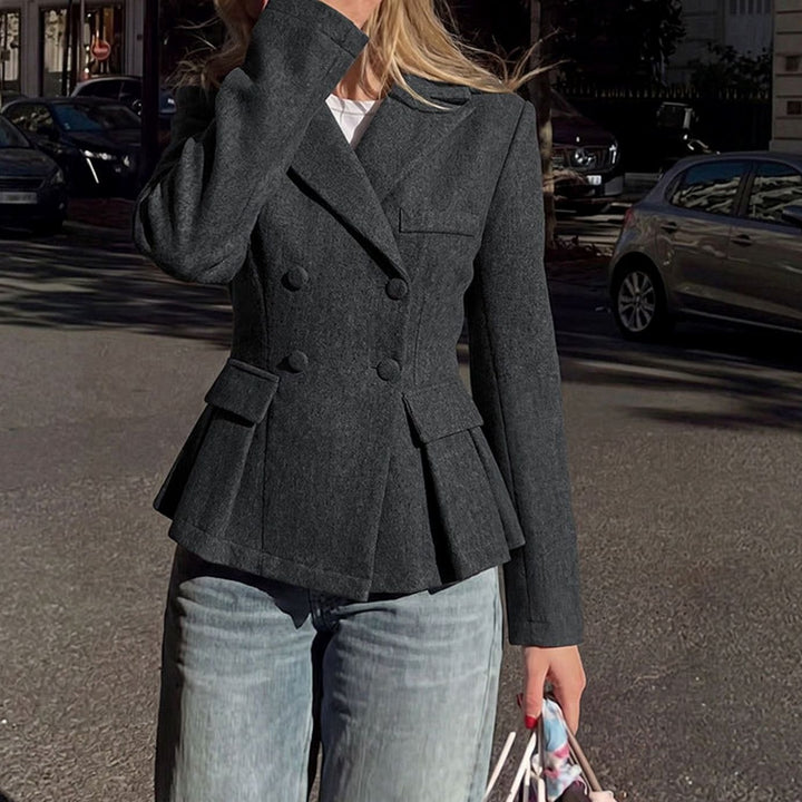 Women's Double-Breasted Peplum Long-Sleeve Blazer Jacket - Dark Gray