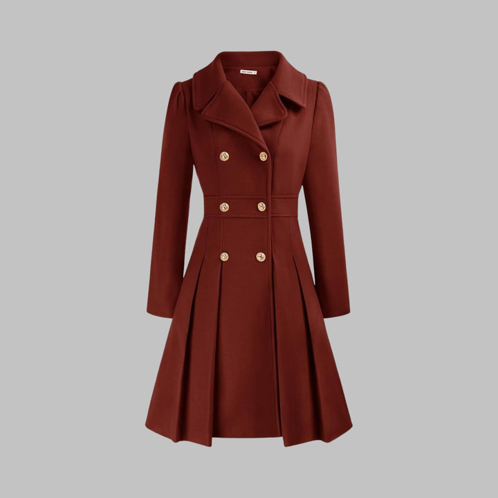 Women's Double-Breasted Pleated A-Line Coat Long Sleeve - Red