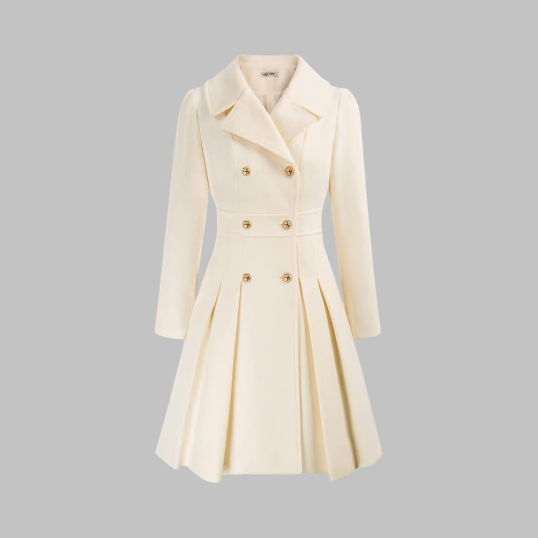 Women's Double-Breasted Pleated A-Line Coat Long Sleeve - White