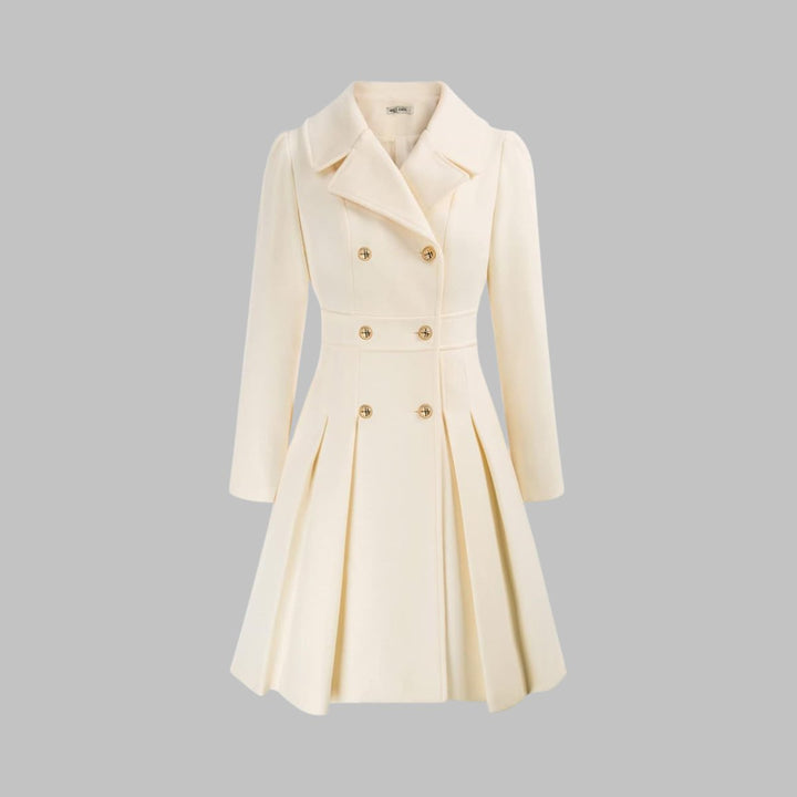 Women's Double-Breasted Pleated A-Line Coat Long Sleeve - White