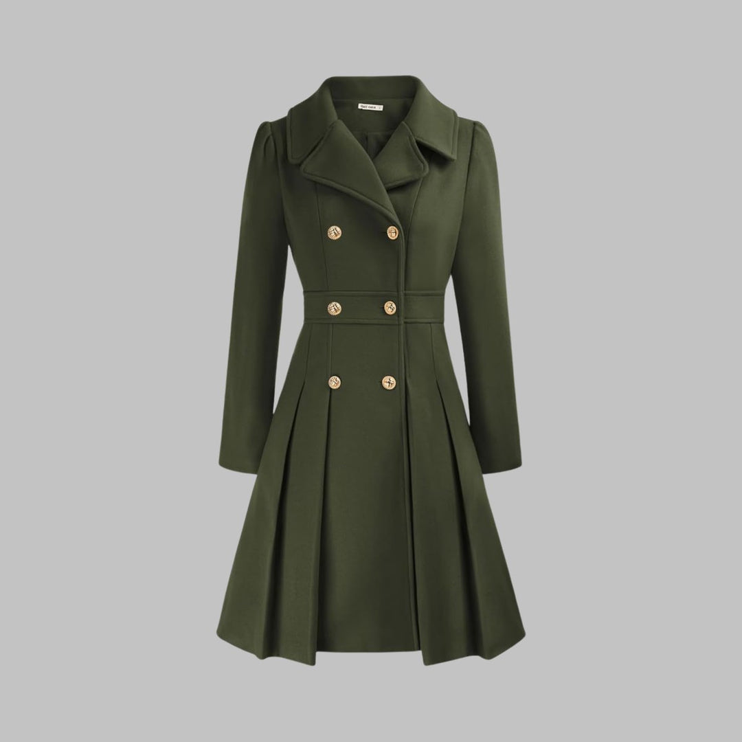 Women's Double-Breasted Pleated A-Line Coat Long Sleeve - Army Green
