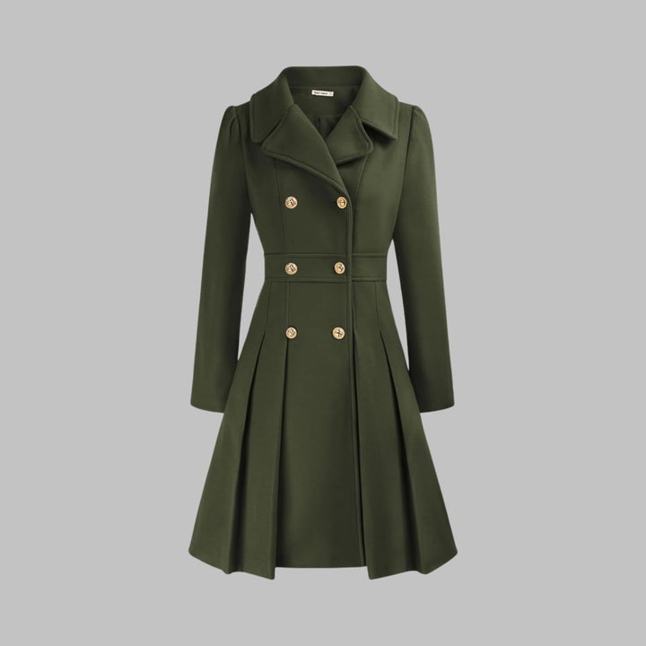 Women's Double-Breasted Pleated A-Line Coat Long Sleeve - Army Green