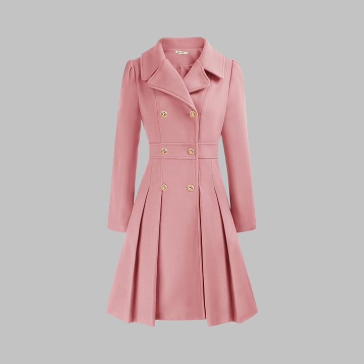 Women's Double-Breasted Pleated A-Line Coat Long Sleeve - Pink