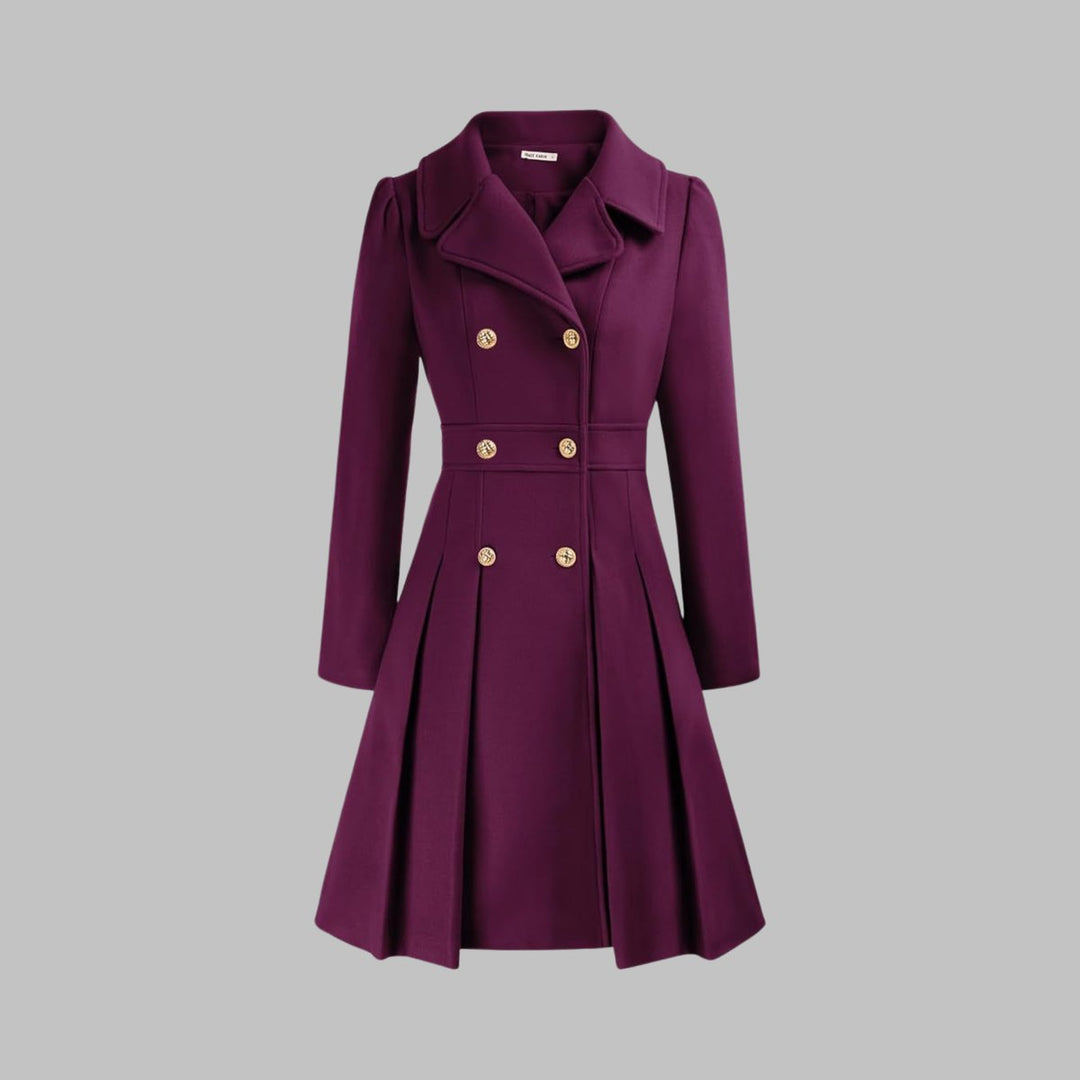 Women's Double-Breasted Pleated A-Line Coat Long Sleeve - Purple