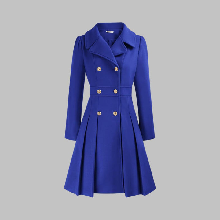 Women's Double-Breasted Pleated A-Line Coat Long Sleeve - Royal Blue