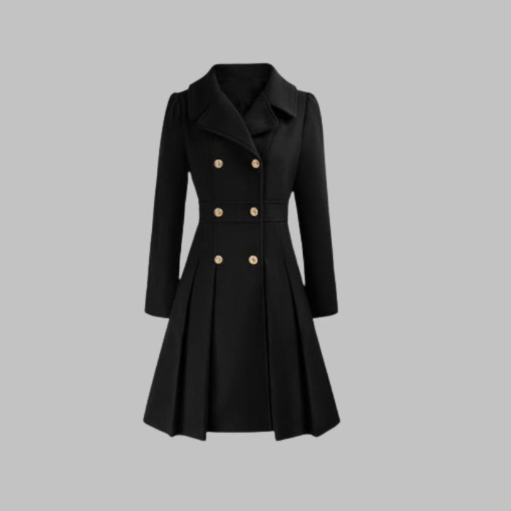 Women's Double-Breasted Pleated A-Line Coat Long Sleeve - Black