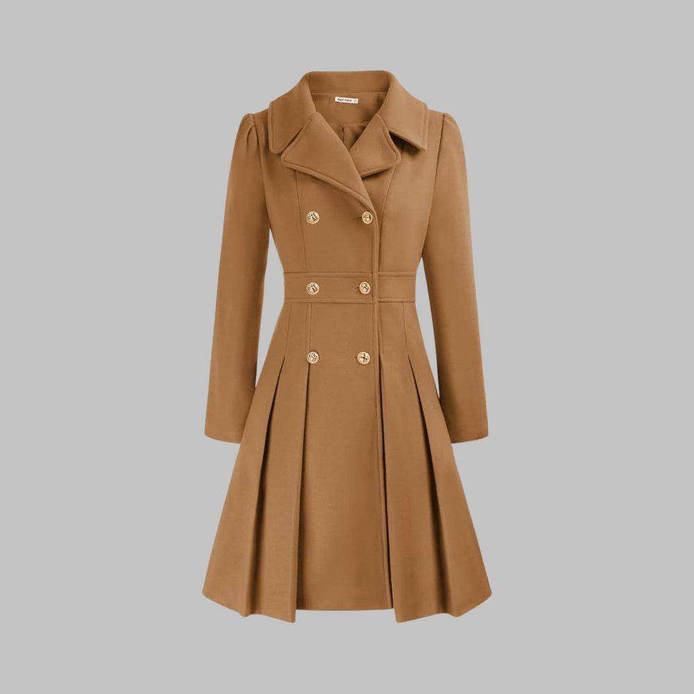 Women's Double-Breasted Pleated A-Line Coat Long Sleeve - Camel
