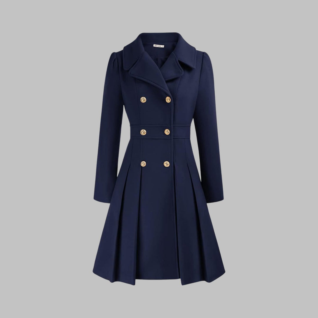 Women's Double-Breasted Pleated A-Line Coat Long Sleeve - Dark Blue