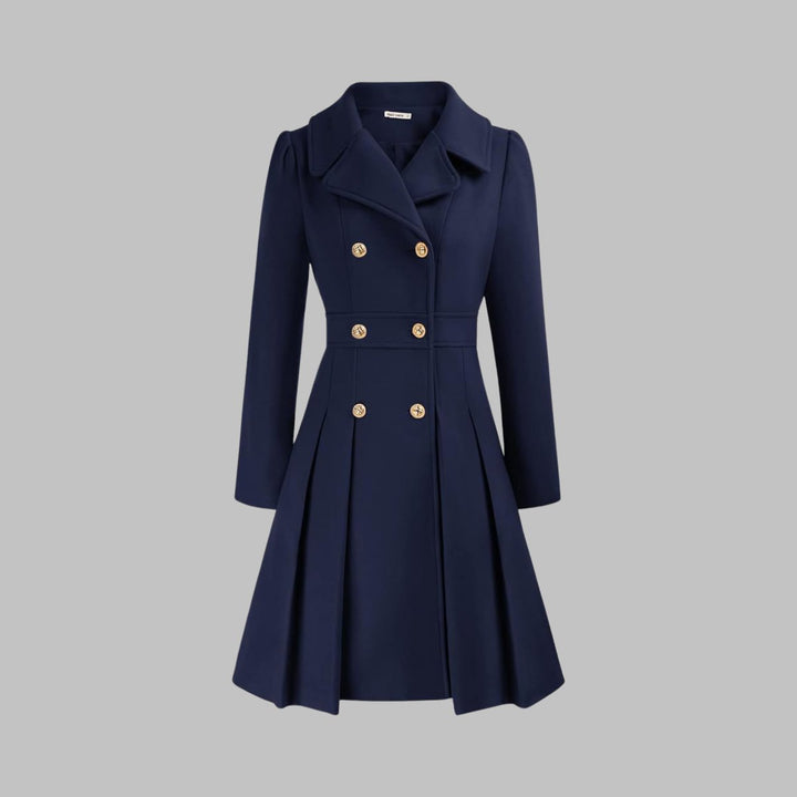 Women's Double-Breasted Pleated A-Line Coat Long Sleeve - Dark Blue