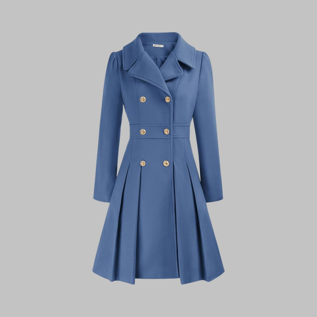Women's Double-Breasted Pleated A-Line Coat Long Sleeve - Gray Blue