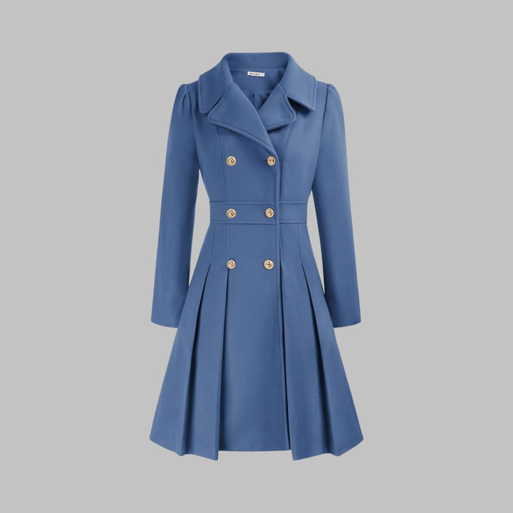 Women's Double-Breasted Pleated A-Line Coat Long Sleeve - Gray Blue