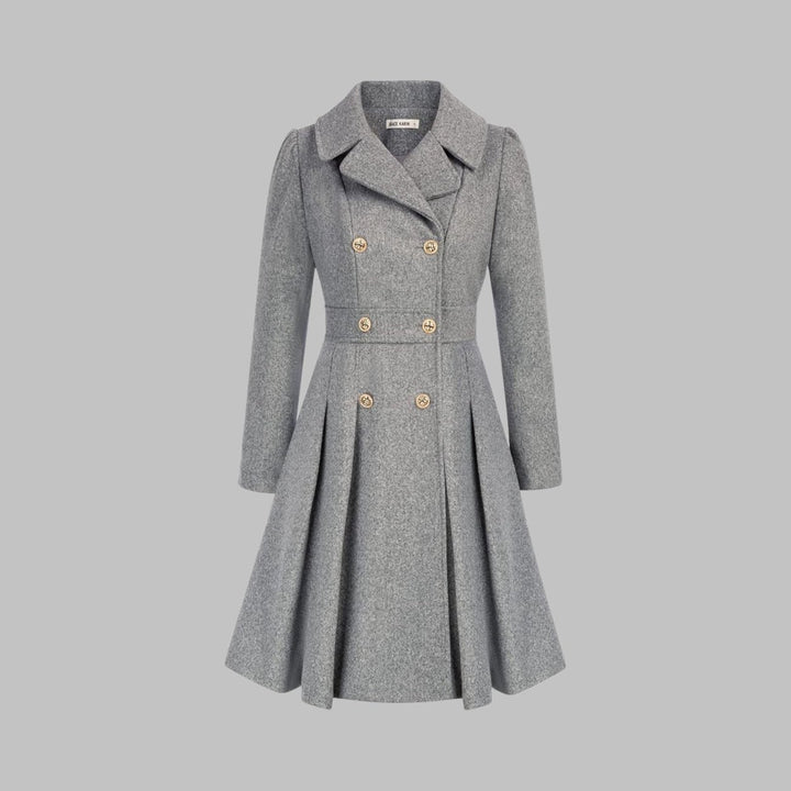 Women's Double-Breasted Pleated A-Line Coat Long Sleeve - Light Gray