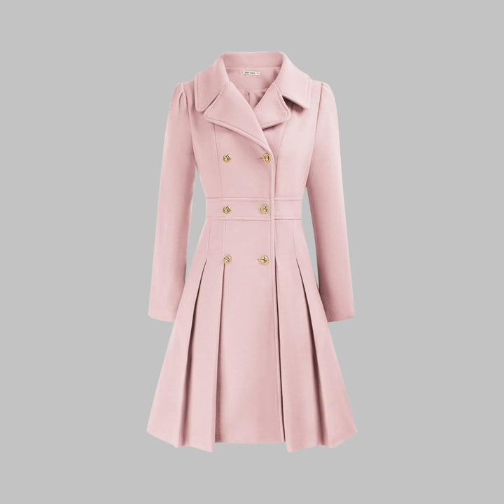 Women's Double-Breasted Pleated A-Line Coat Long Sleeve - Light Pink