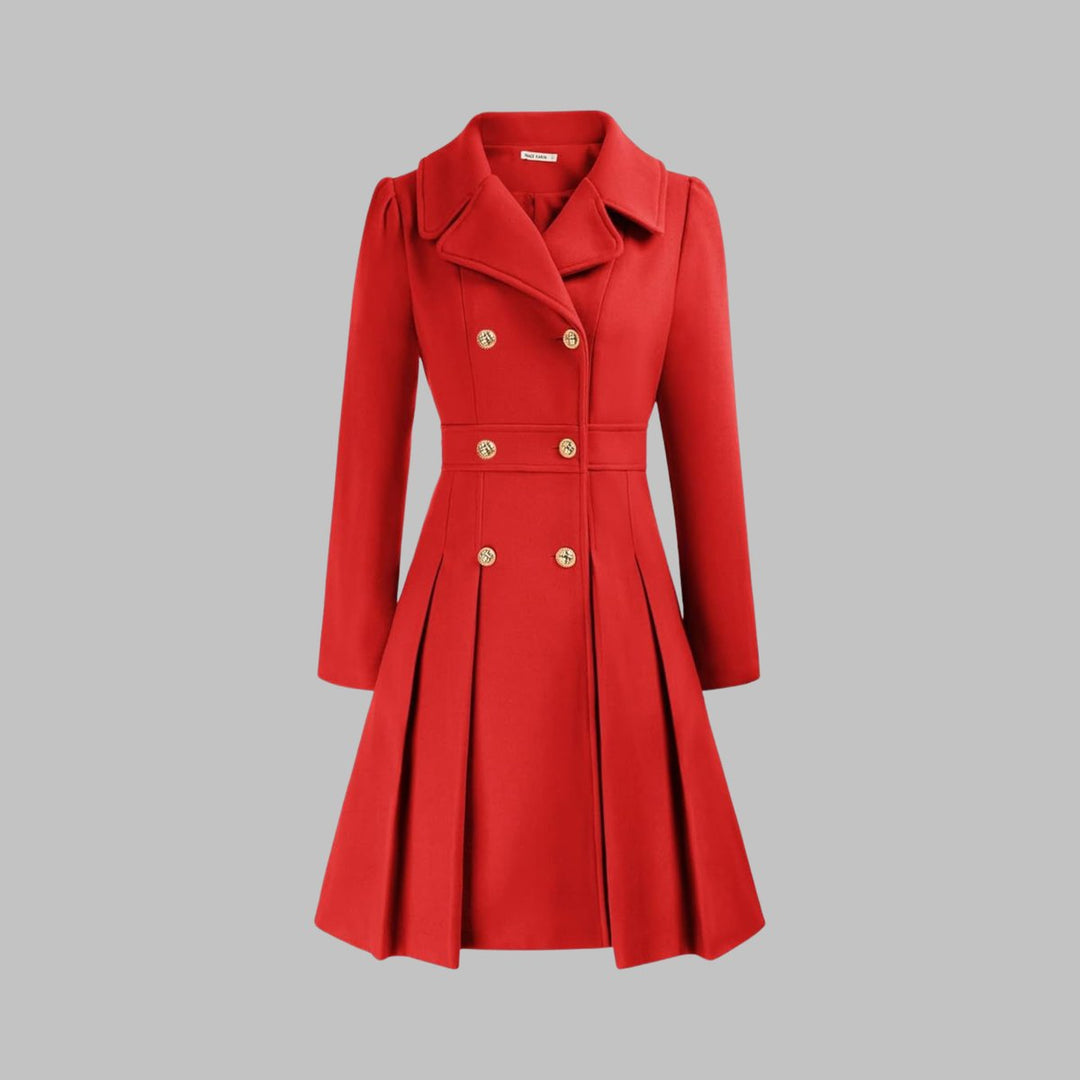 Women's Double-Breasted Pleated A-Line Coat Long Sleeve - Orange