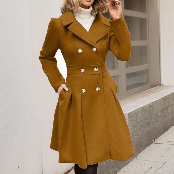 Women's Double-Breasted Pleated A-Line Longline Wool-Blend Coat
