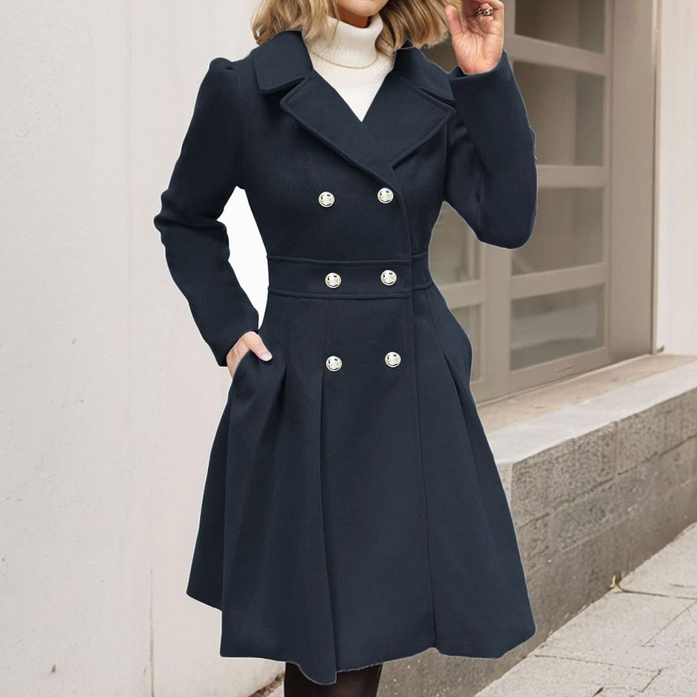 Women's Double-Breasted Pleated A-Line Longline Wool-Blend Coat