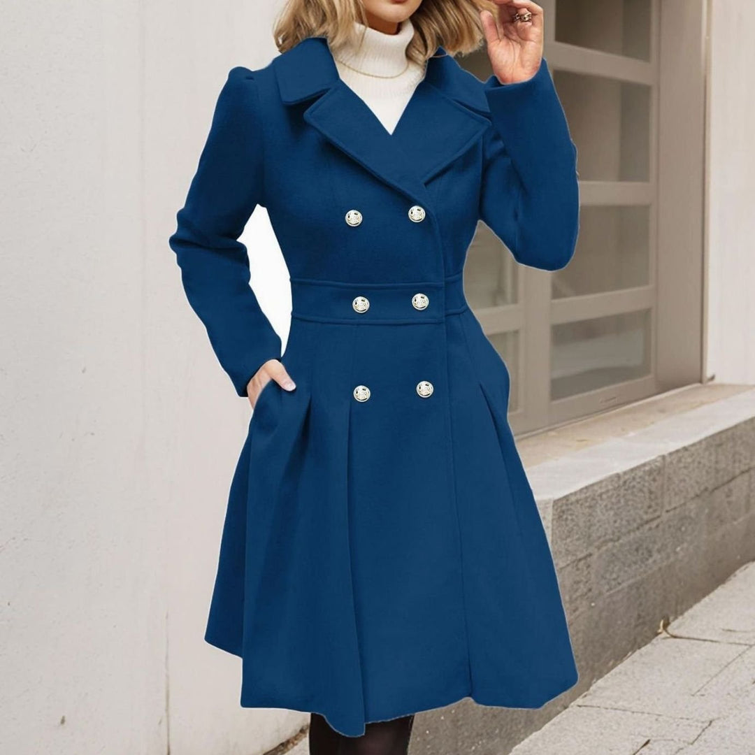 Women's Double-Breasted Pleated A-Line Longline Wool-Blend Coat