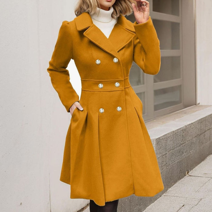 Women's Double-Breasted Pleated A-Line Longline Wool-Blend Coat