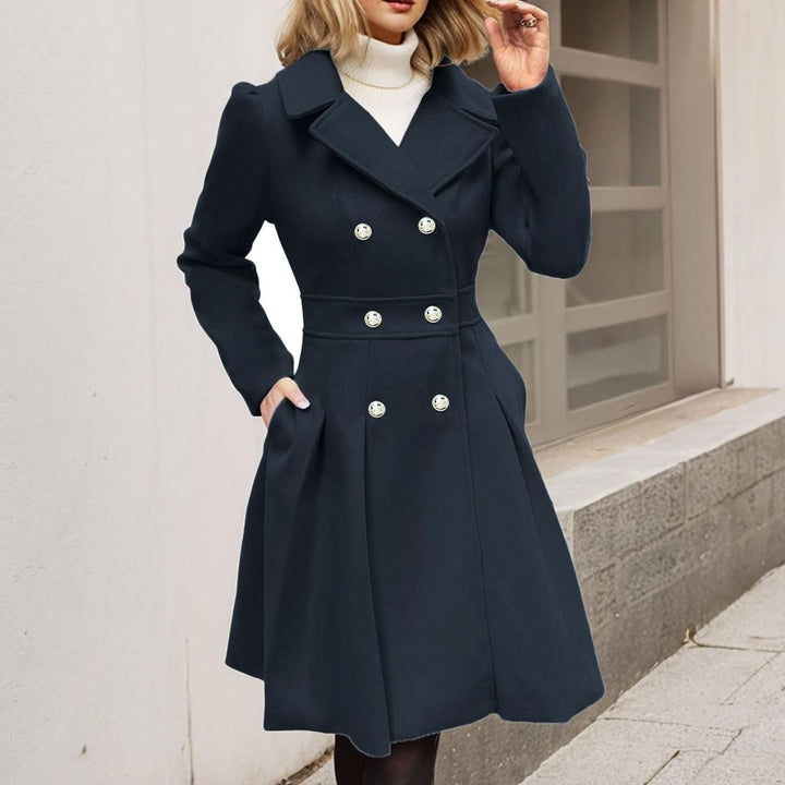 Women's Double-Breasted Pleated A-Line Longline Wool-Blend Coat - Black