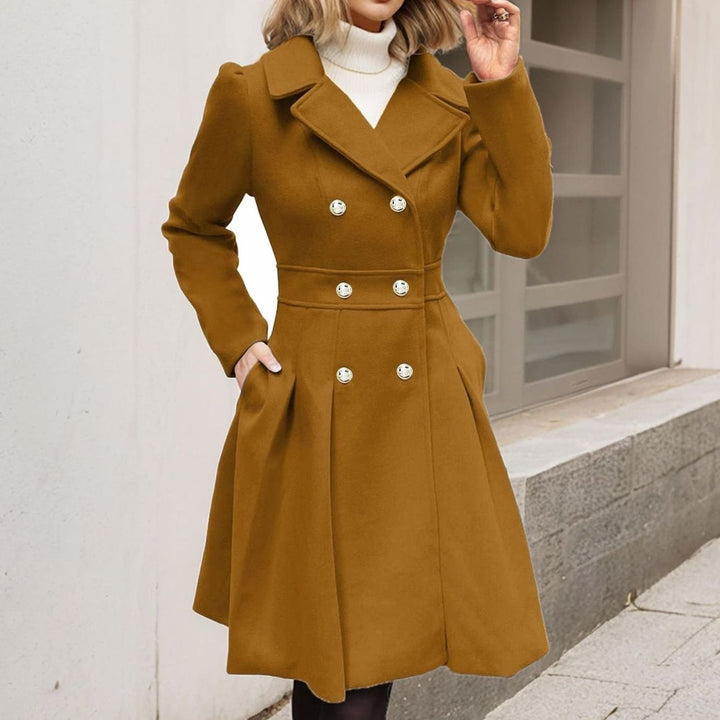 Women's Double-Breasted Pleated A-Line Longline Wool-Blend Coat - Camel
