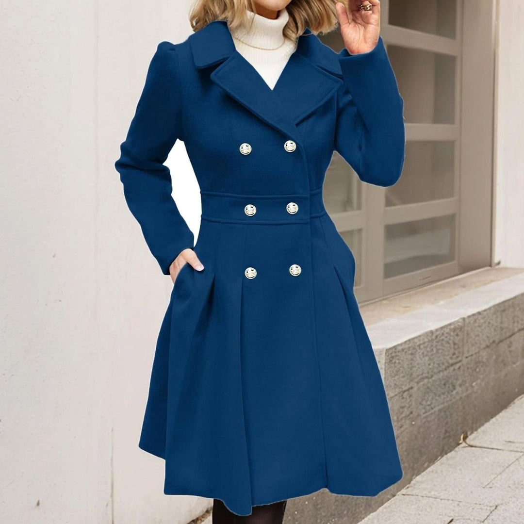 Women's Double-Breasted Pleated A-Line Longline Wool-Blend Coat - Dark Blue