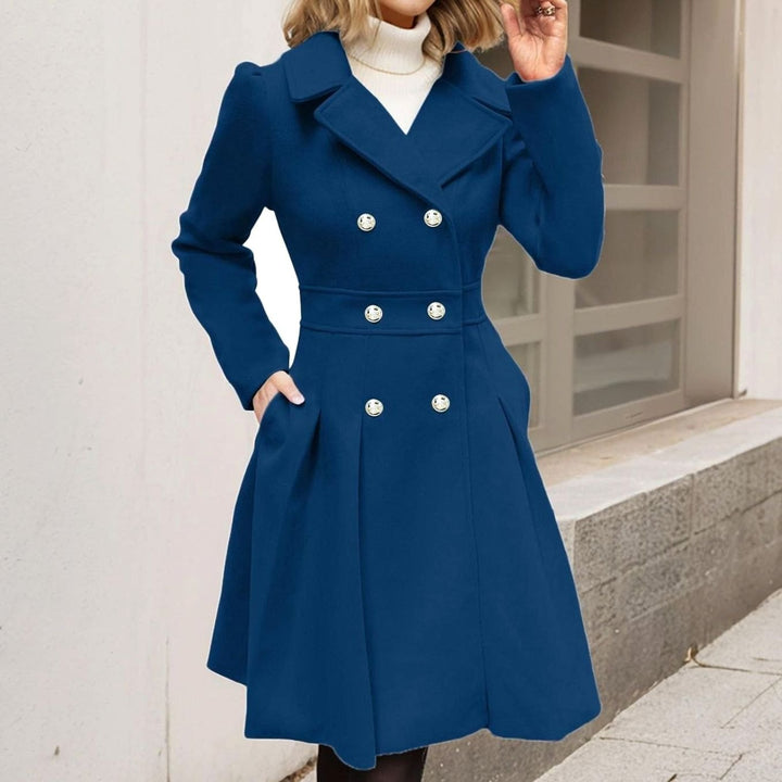Women's Double-Breasted Pleated A-Line Longline Wool-Blend Coat - Dark Blue