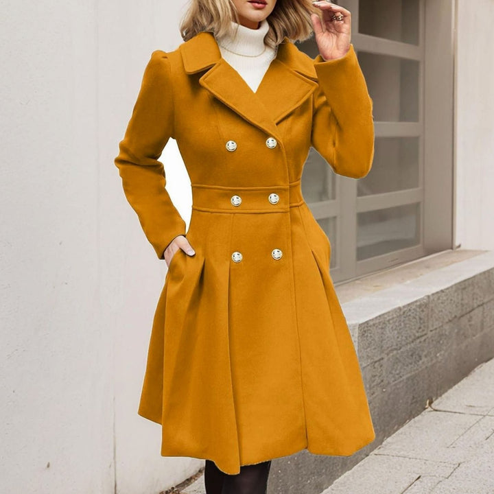 Women's Double-Breasted Pleated A-Line Longline Wool-Blend Coat - Yellow