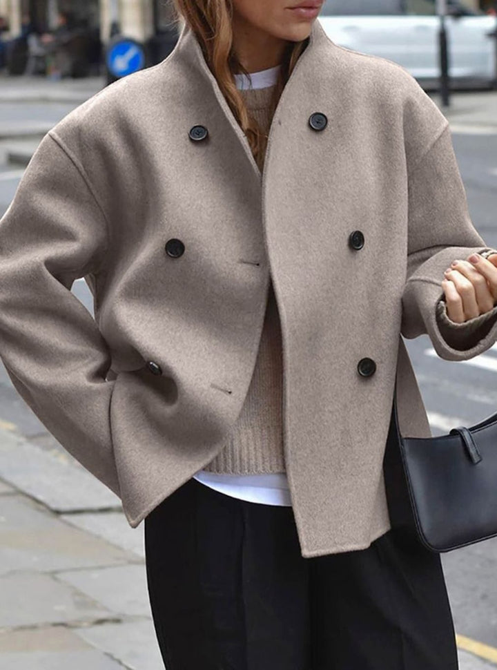 Women's Double-Breasted Stand-Collar Relaxed-Fit Pea Coat - Taupe