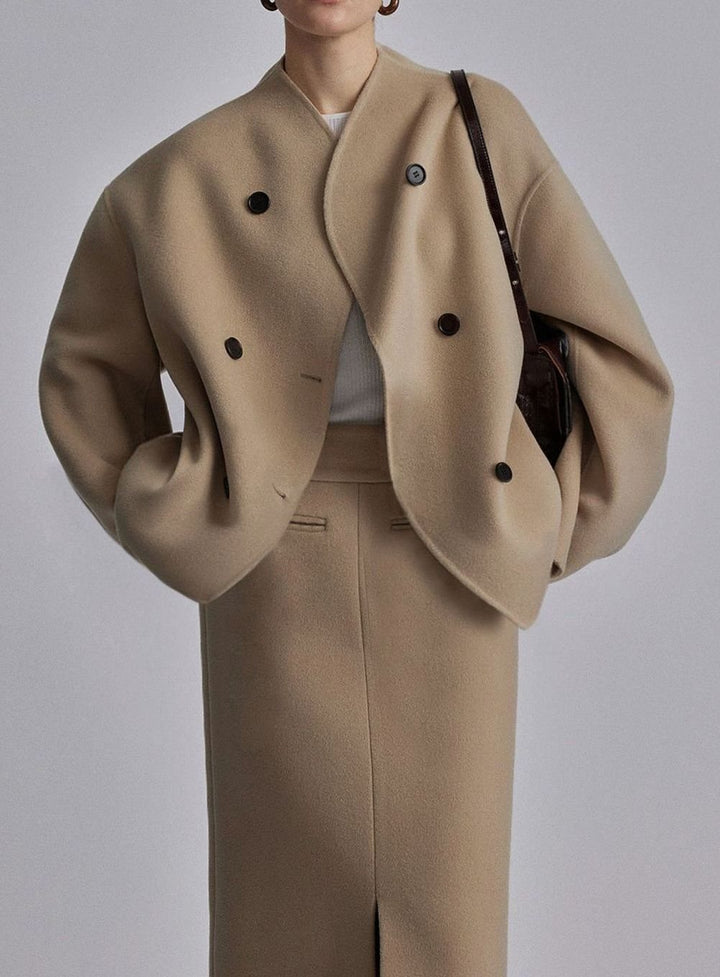 Women's Double-Breasted Stand-Collar Relaxed-Fit Pea Coat - Khaki