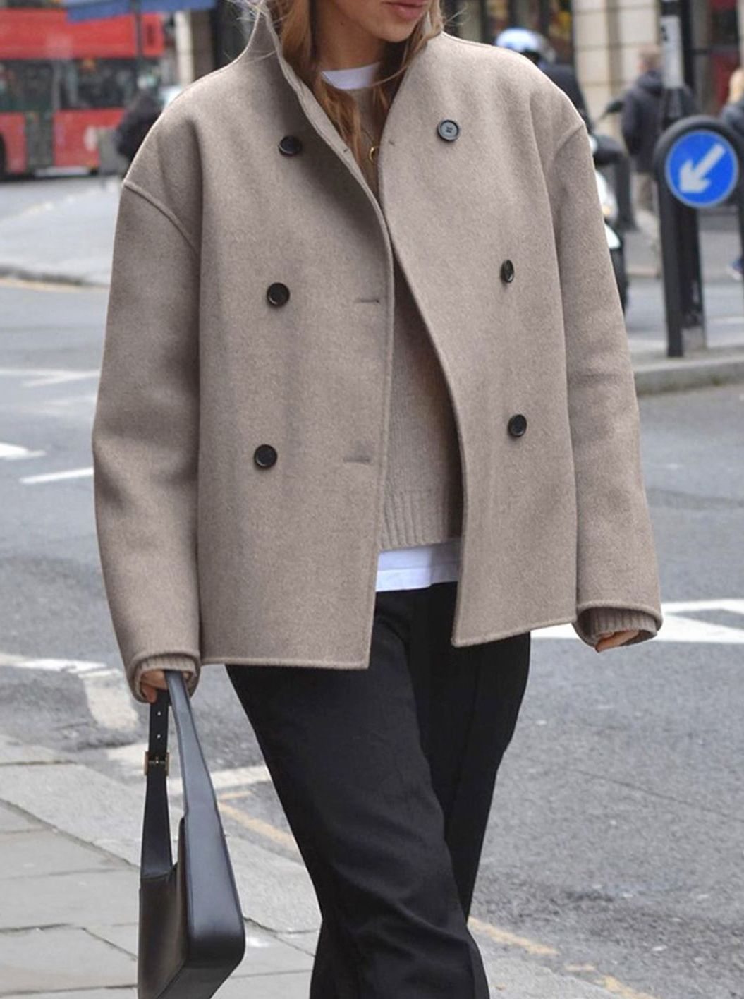 Women's Double-Breasted Stand-Collar Relaxed-Fit Pea Coat