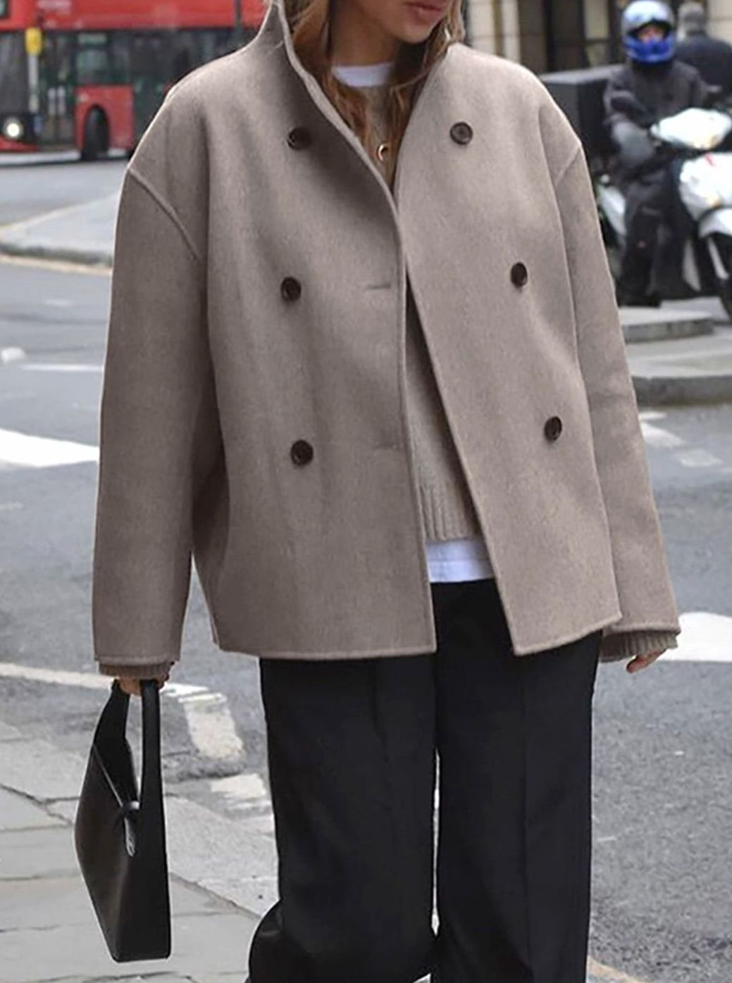 Women's Double-Breasted Stand-Collar Relaxed-Fit Pea Coat
