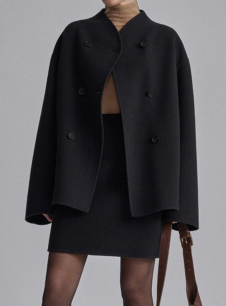 Women's Double-Breasted Stand-Collar Relaxed-Fit Pea Coat - Black