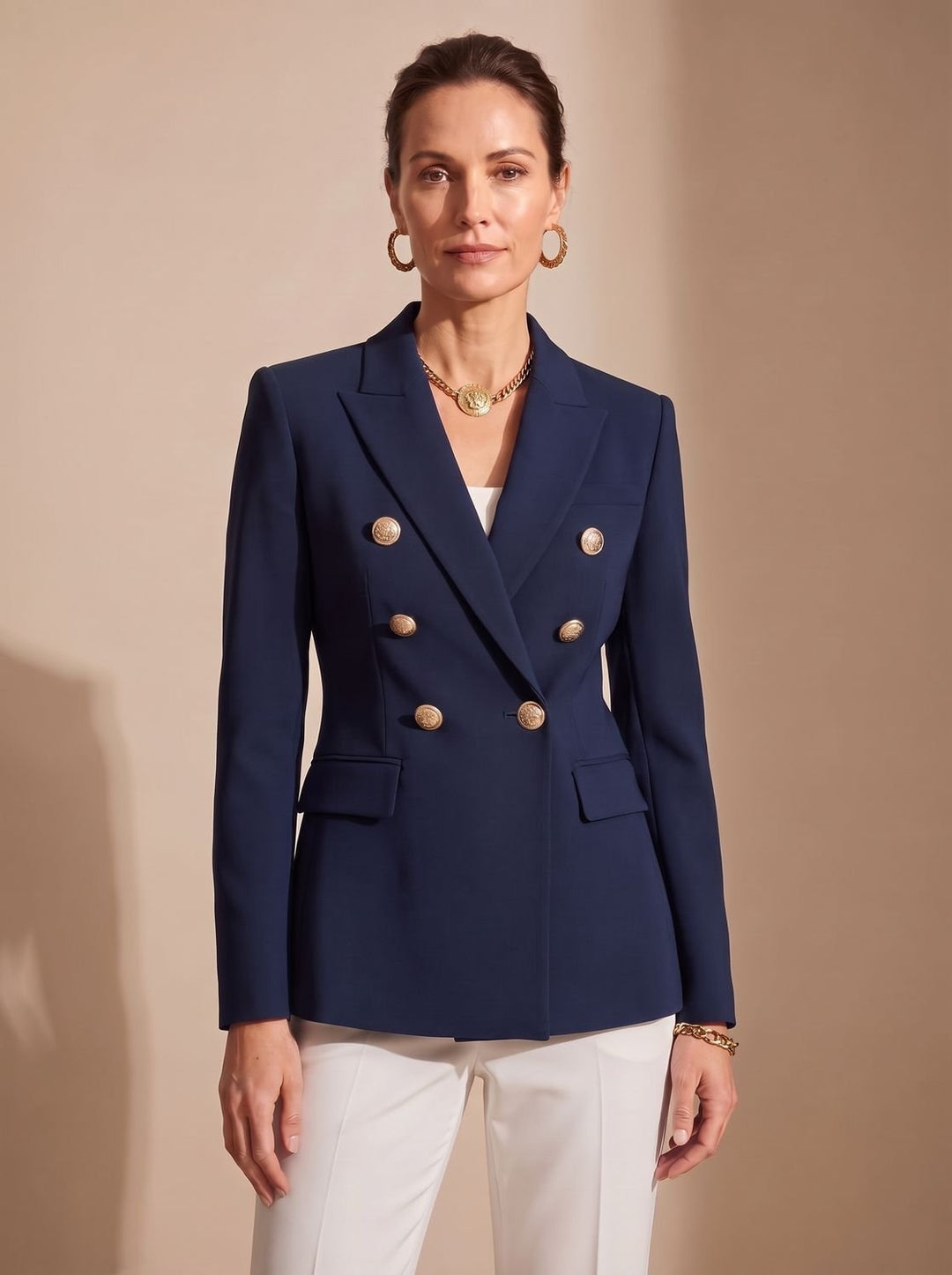 Women's Double-Breasted Tailored Blazer Gold-Tone Buttons - Black