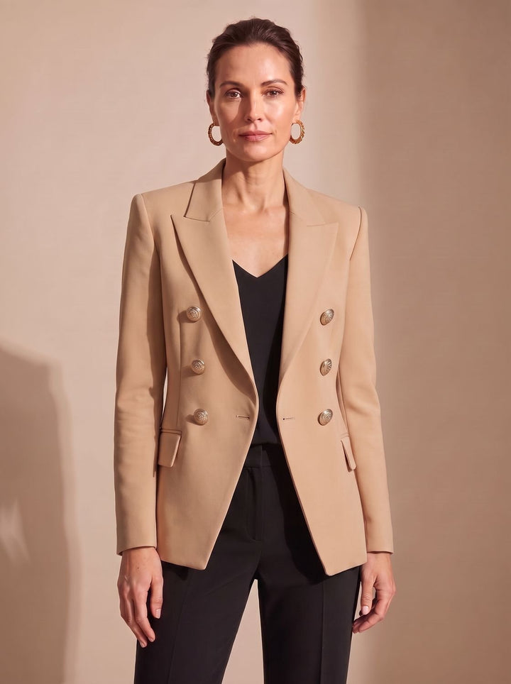Women's Double-Breasted Tailored Blazer Gold-Tone Buttons - Khaki