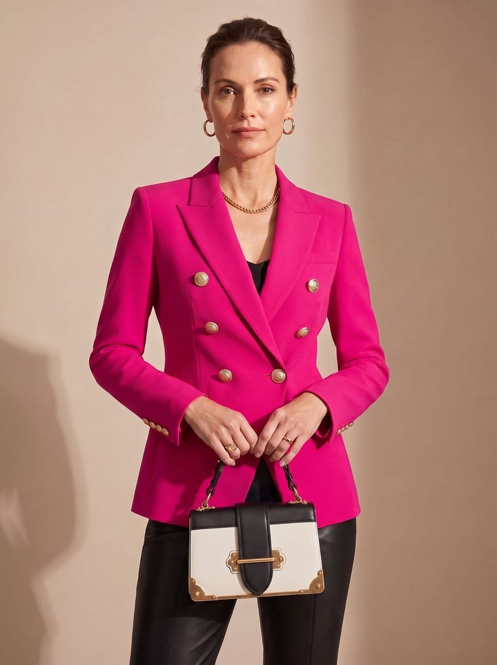 Women's Double-Breasted Tailored Blazer Gold-Tone Buttons - Pink