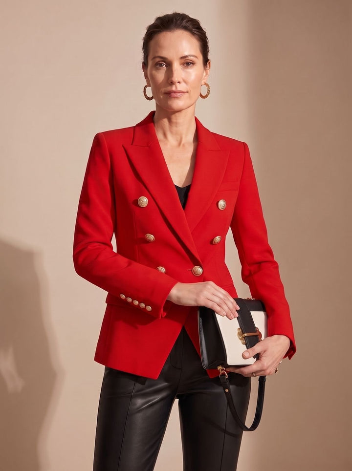 Women's Double-Breasted Tailored Blazer Gold-Tone Buttons - Red