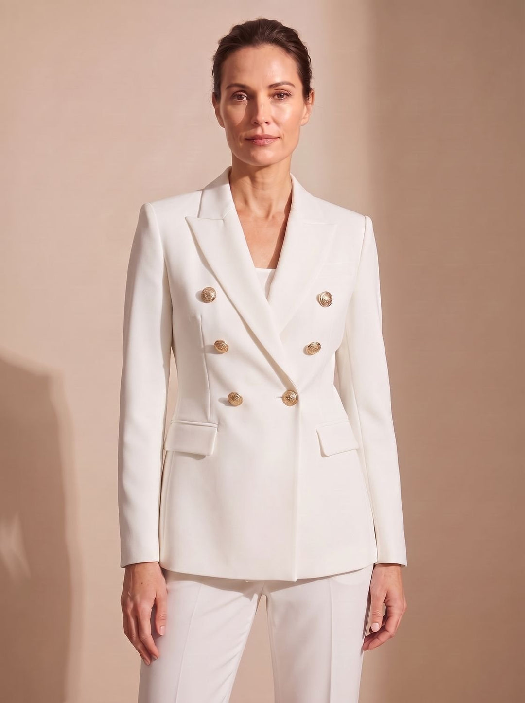 Women's Double-Breasted Tailored Blazer Gold-Tone Buttons - White