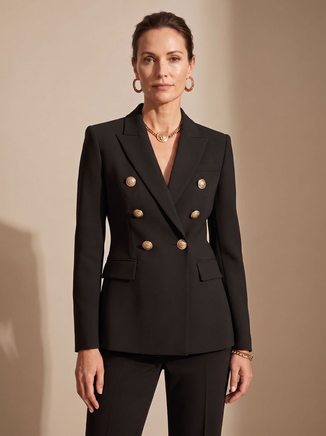 Women's Double-Breasted Tailored Blazer Gold-Tone Buttons