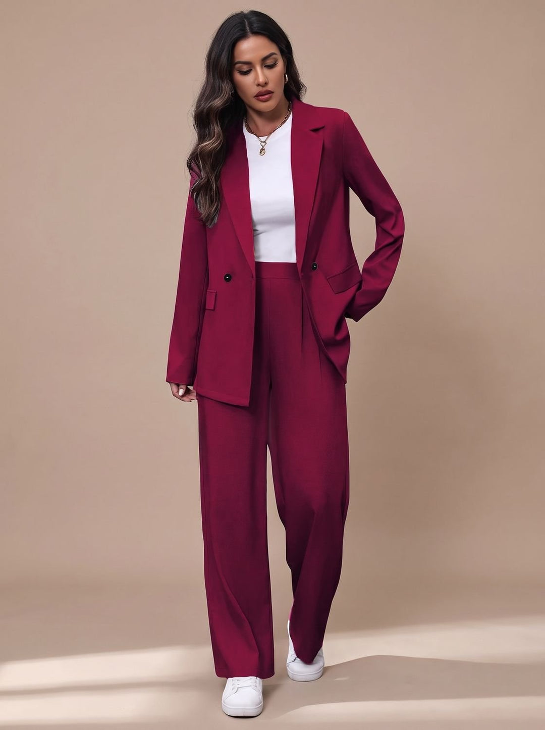 Women's Double-Breasted Tailored Wide-Leg Blazer Pant Suit Set - Burgundy