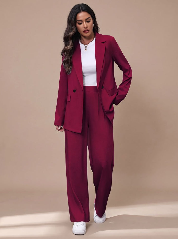 Women's Double-Breasted Tailored Wide-Leg Blazer Pant Suit Set - Burgundy
