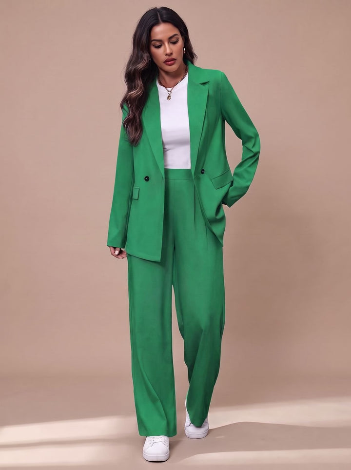 Women's Double-Breasted Tailored Wide-Leg Blazer Pant Suit Set - Green