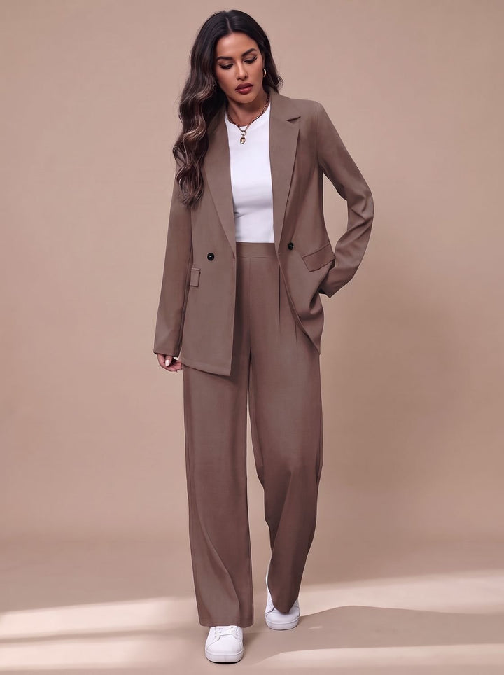 Women's Double-Breasted Tailored Wide-Leg Blazer Pant Suit Set - Brown
