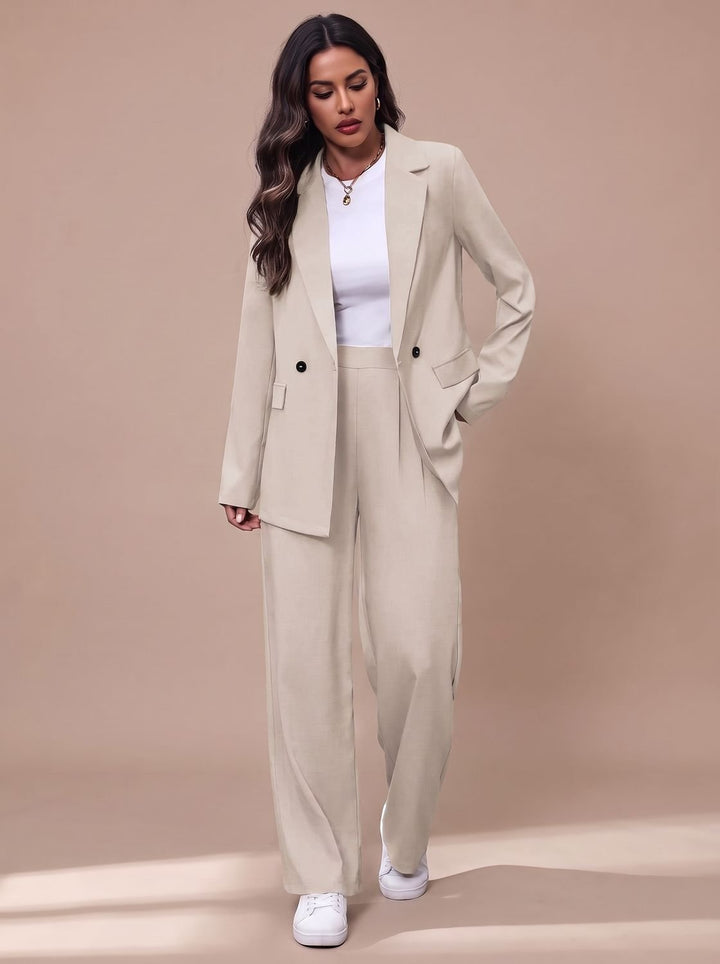Women's Double-Breasted Tailored Wide-Leg Blazer Pant Suit Set - White