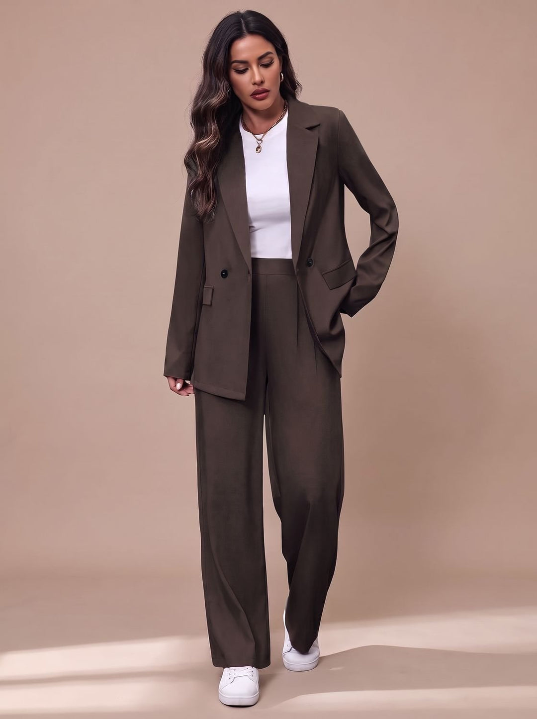 Women's Double-Breasted Tailored Wide-Leg Blazer Pant Suit Set - Dark Brown